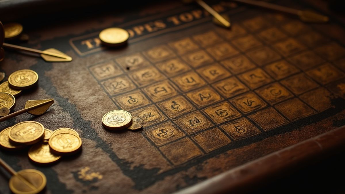 Mesa de apostas medieval com moedas de ouro e flechas.