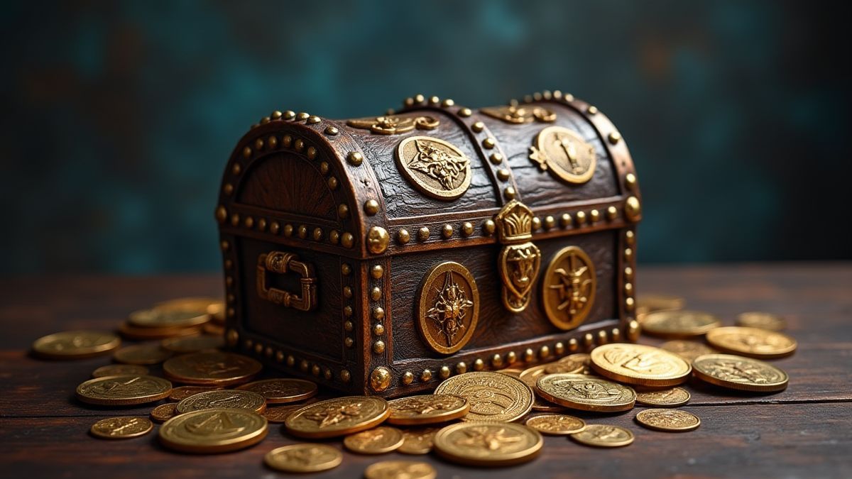 Cofre do tesouro medieval rodeado de moedas e símbolos mágicos.
