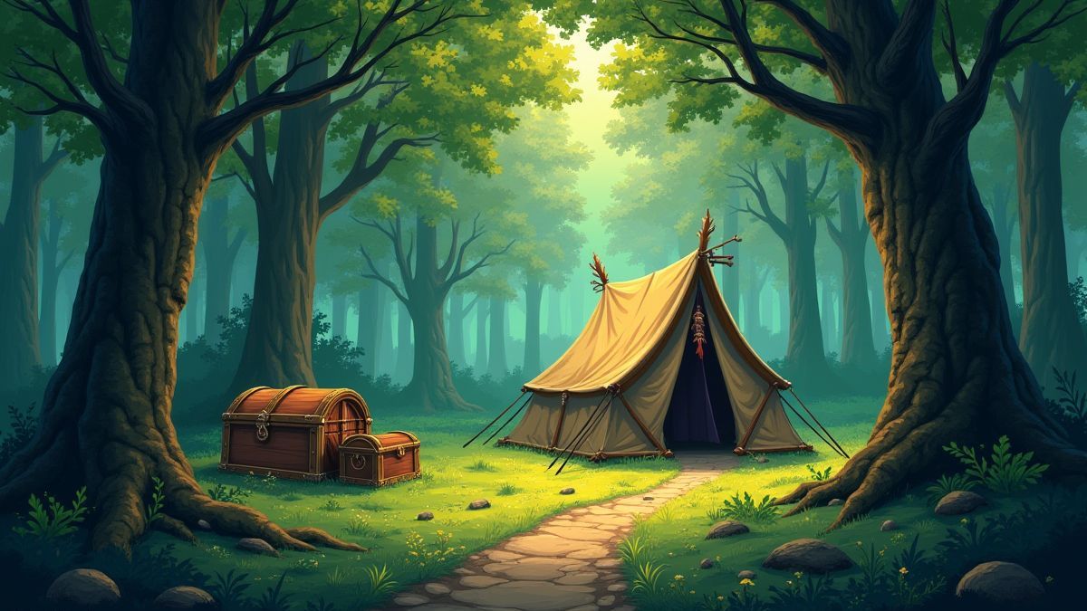 Medieval forest with Robin Hood's camp and treasure chests.