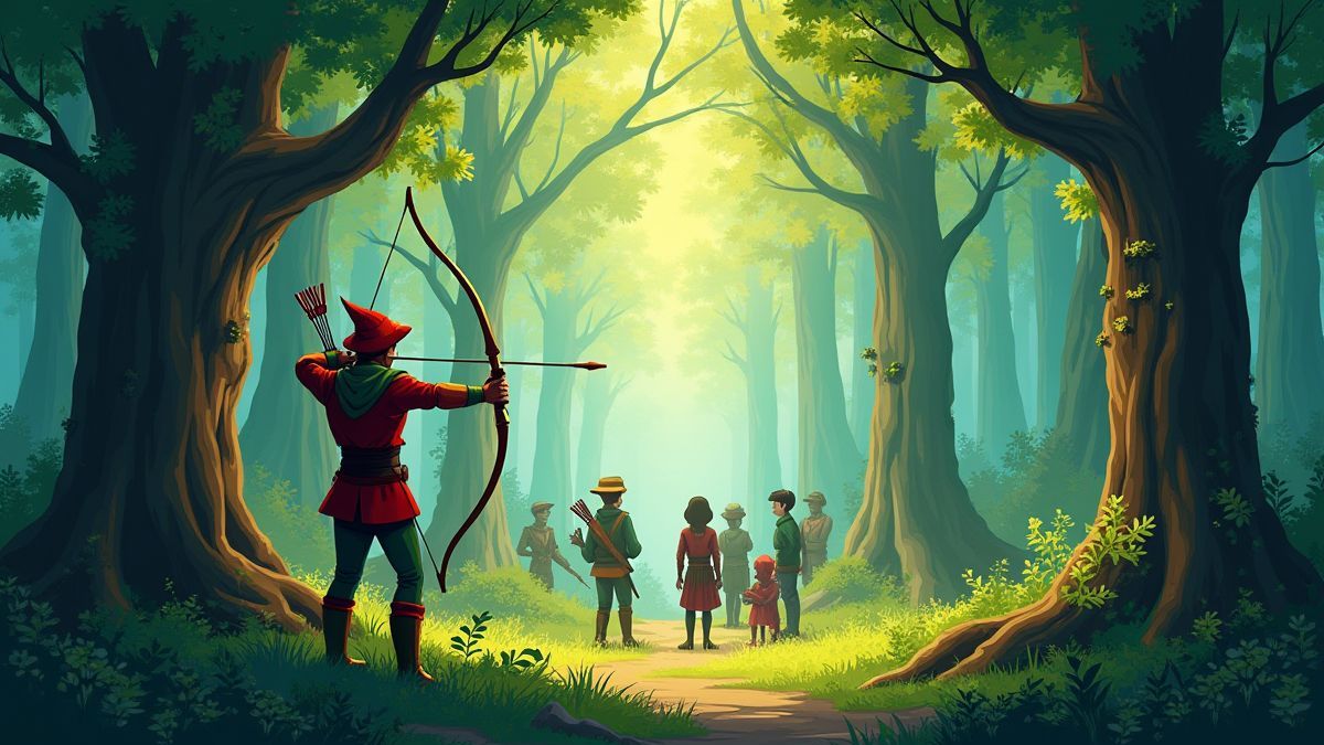 Sherwood Forest with Robin Hood and his gang preparing for an adventure.