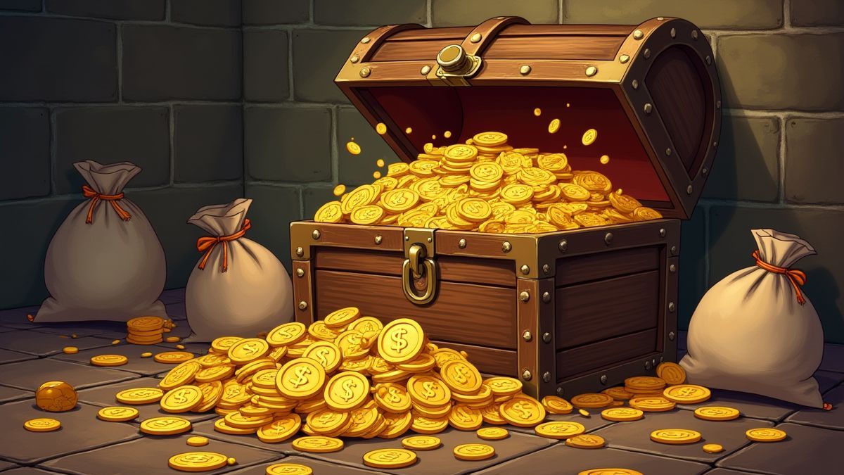 Treasure chest filled with gold coins and bags of money in a medieval setting.