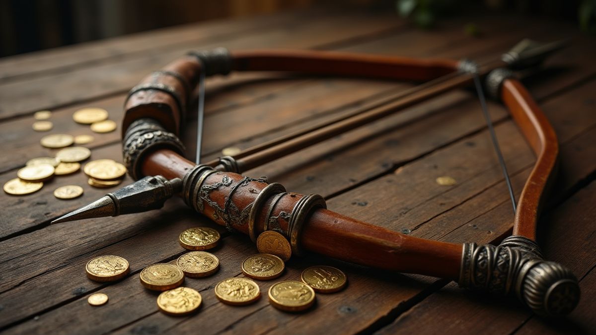 Arco e flechas medievais sobre uma mesa com moedas de ouro.