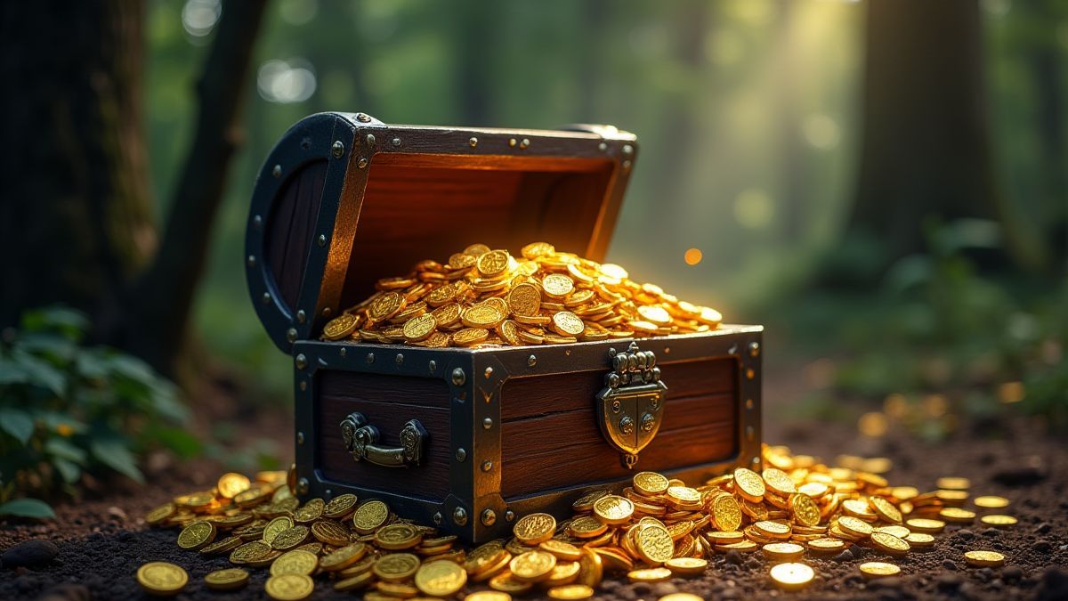 Cofre do tesouro cheio de moedas de ouro e joias em um bosque medieval.