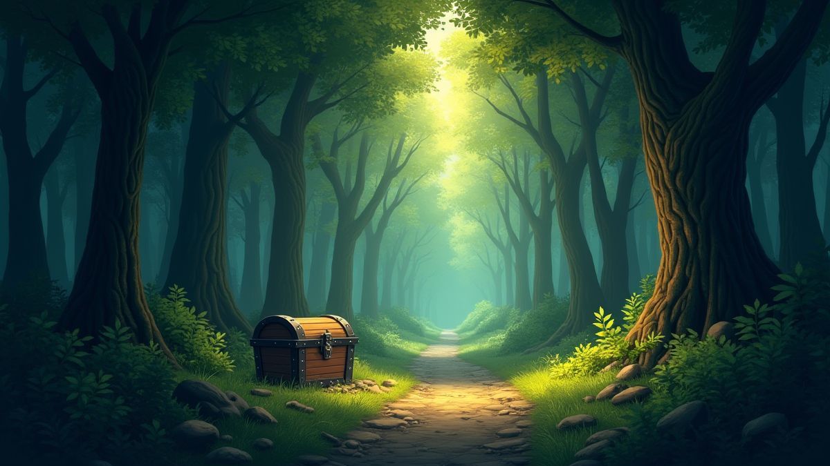 Medieval forest with a hidden treasure chest.