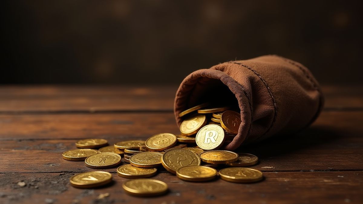 Medieval pouch full of gold coins.