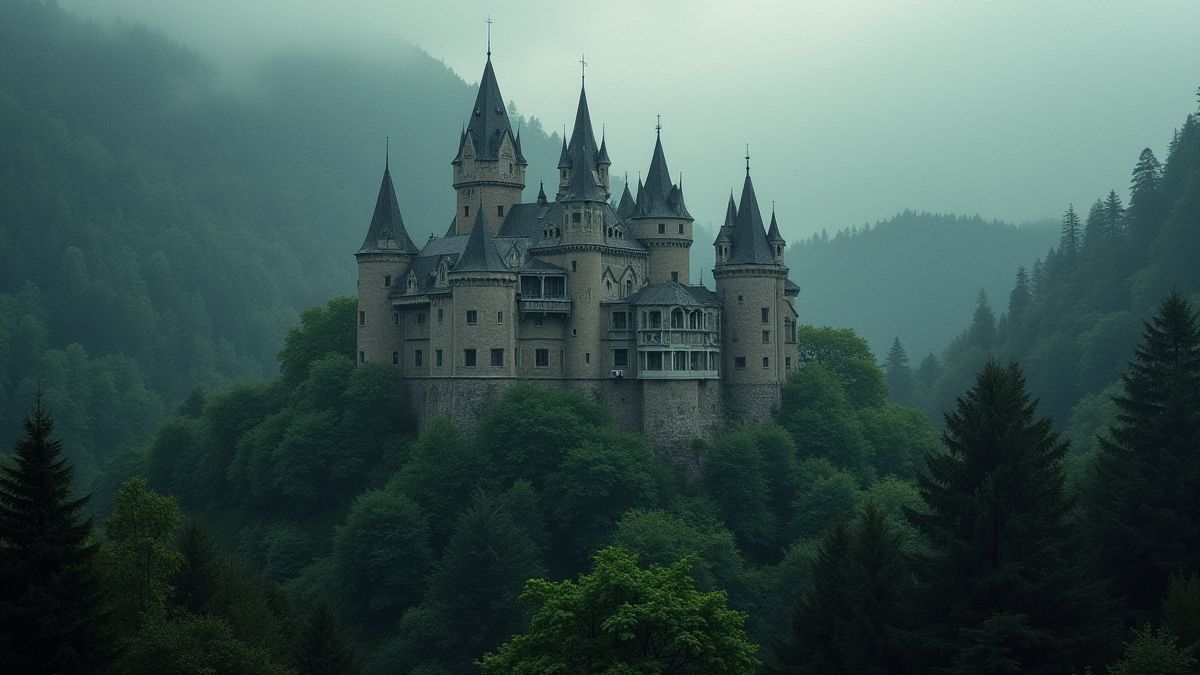 Un château médiéval entouré de forêt dense.