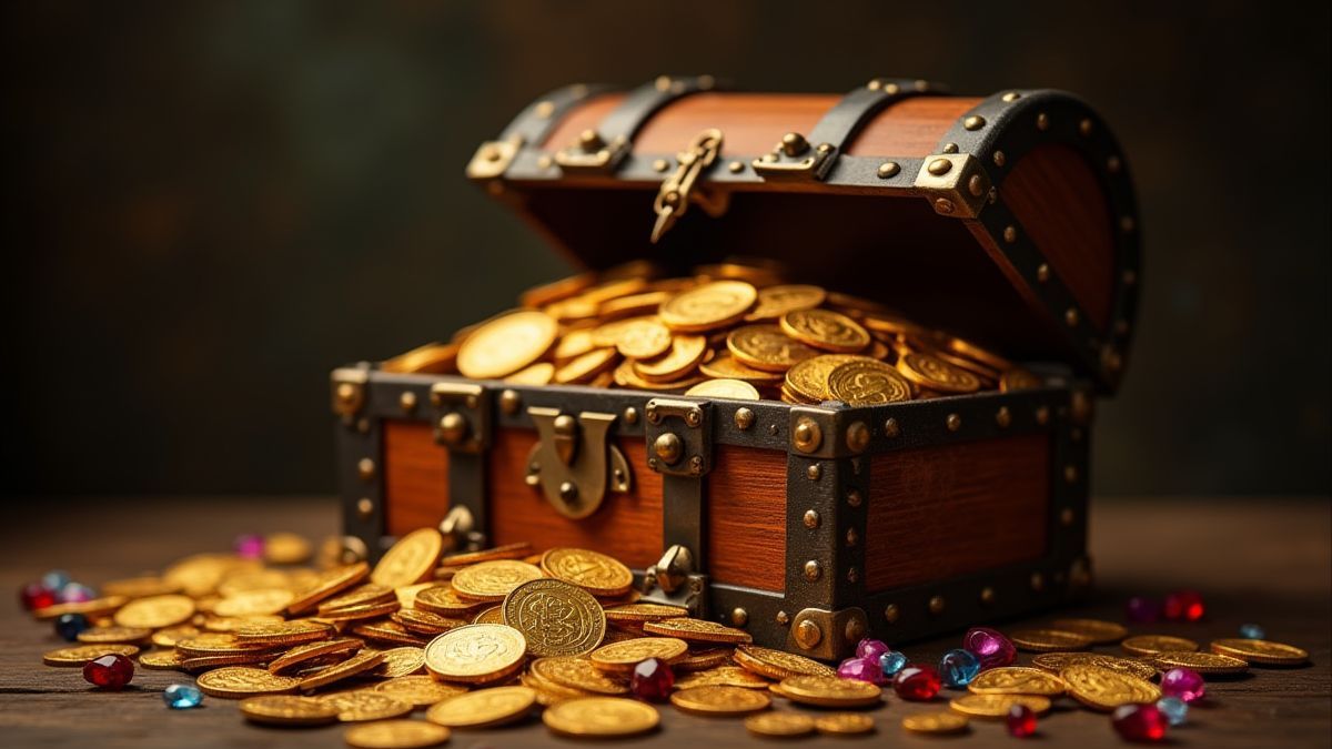 Un coffre au trésor plein de pièces d'or et de bijoux.