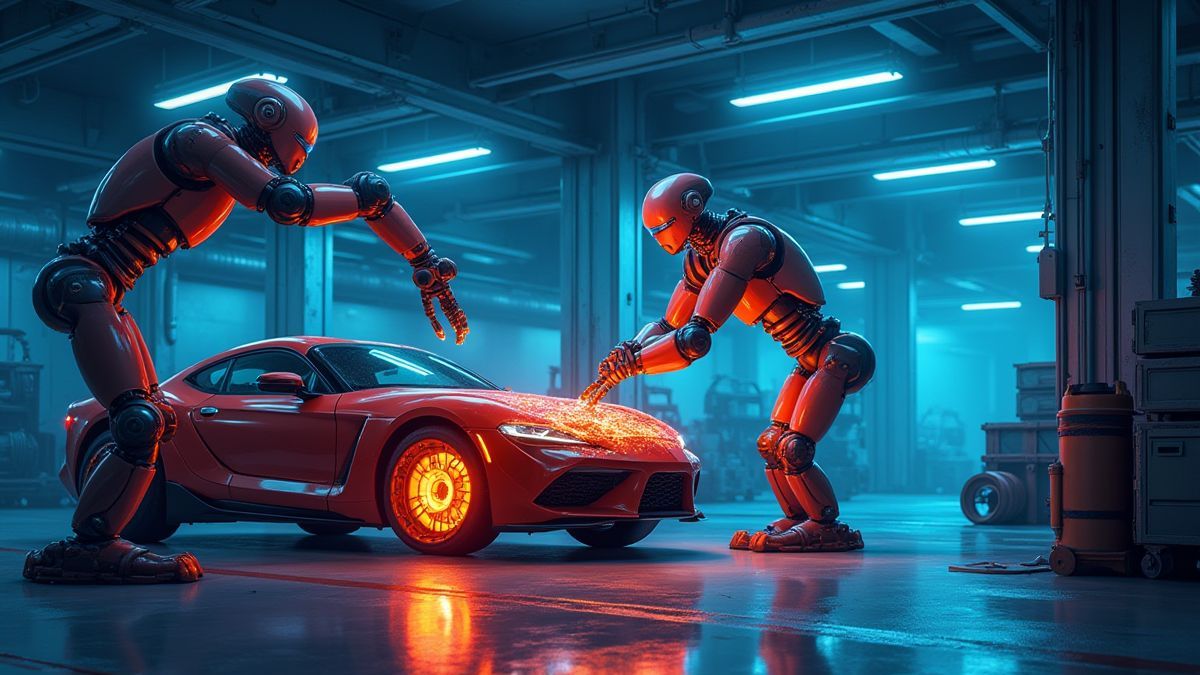 A futuristic garage with robotic arms repairing a glowing engine.