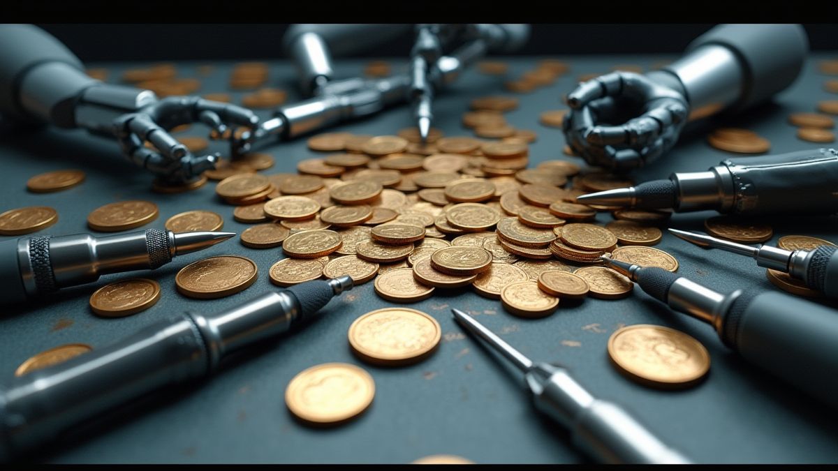 Coins and robotic tools on a futuristic table.