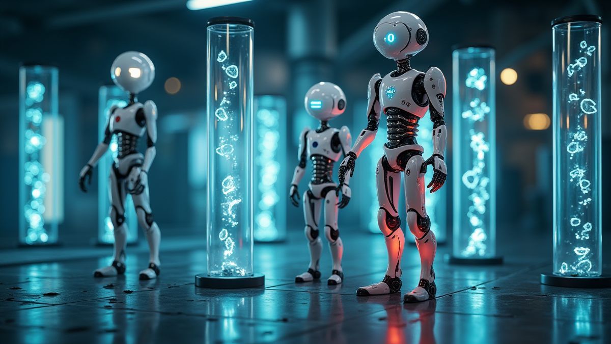Robôs futuristas dentro de tubos iluminados.