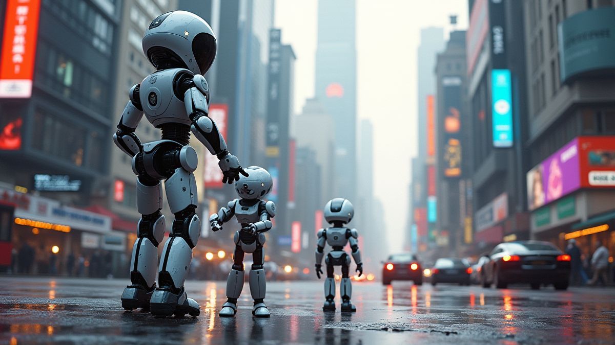 Cidade futurista com robôs interagindo.