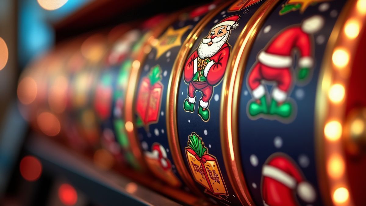 Spinning reels with festive symbols like bells and gifts.