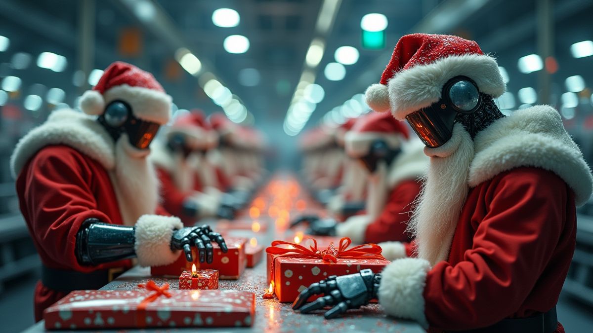 Robotic Santa helpers wrapping gifts in a futuristic factory.