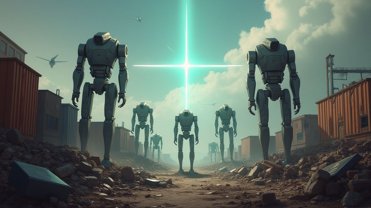 Ein futuristischer Schrottplatz mit Robotern, die sich zur Mitte bewegen.