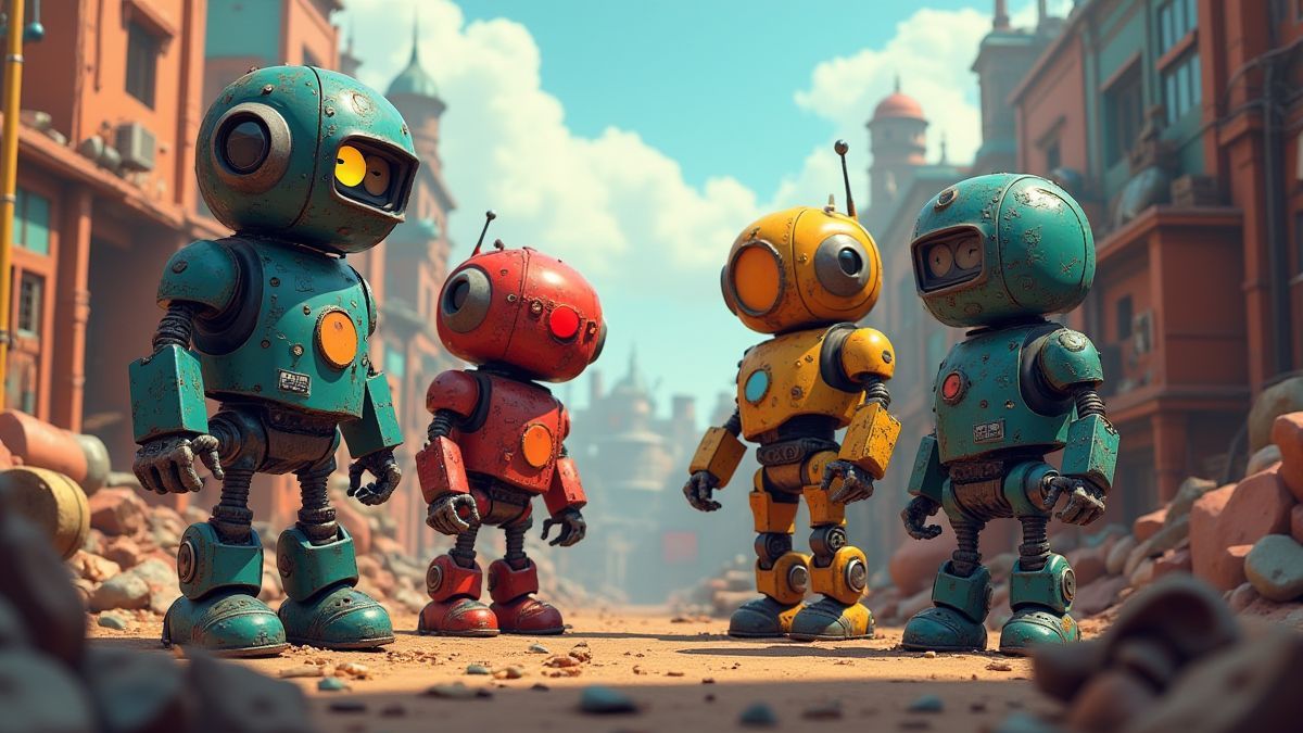 Animierte Szene mit Robotern, die in einem bunten Schrottplatz interagieren.