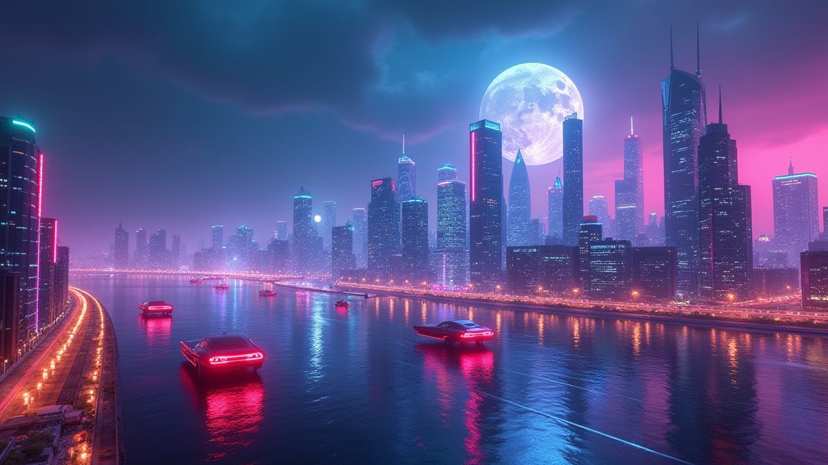 Cidade futurista com luzes de néon e carros voadores.