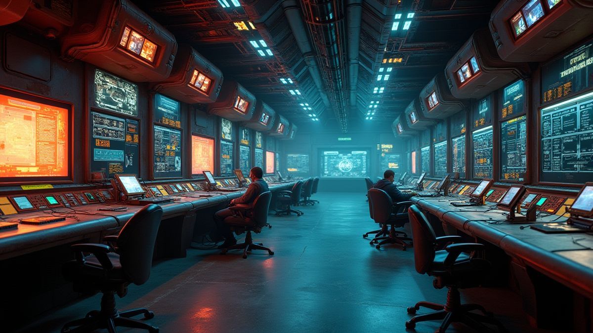 Sala de controle retro-futurista com painéis luminosos e braços robóticos.