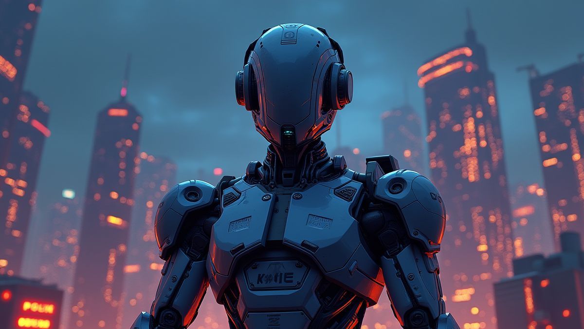 Robô policial futurista frente a um paisagem urbana iluminada.