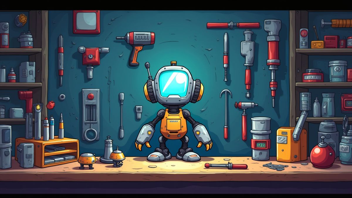 Atelier de robots avec des outils et une technologie futuriste.