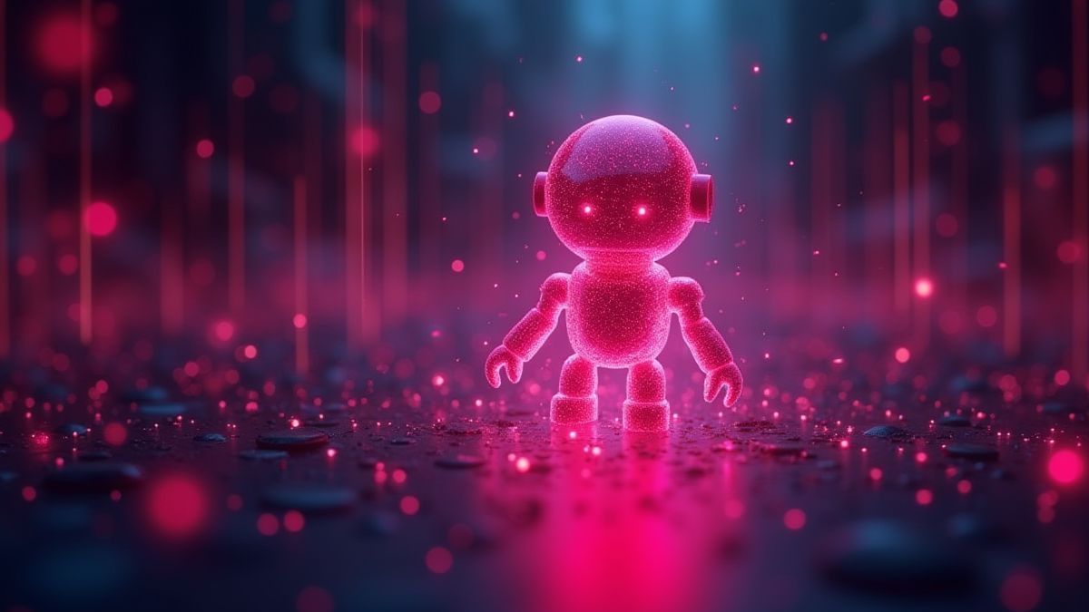 Robot rose dans un fond futuriste avec des circuits brillants.