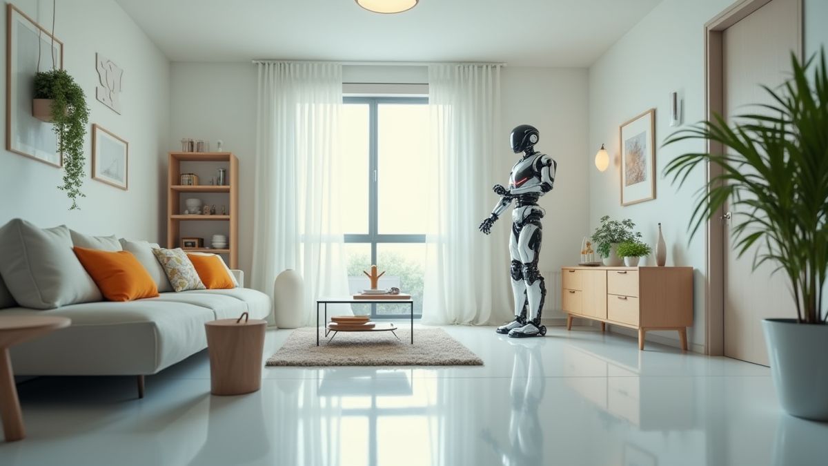 A futuristic house with a robot performing tasks.