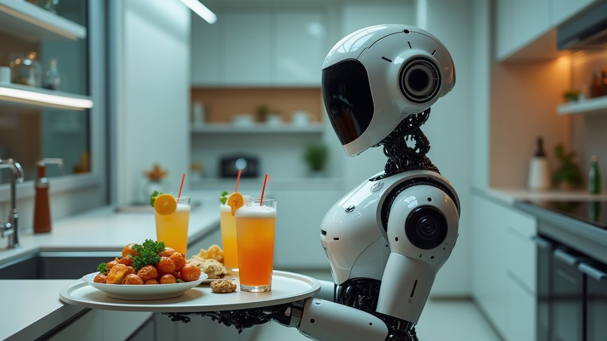 A robot with a tray of drinks and snacks in a futuristic kitchen.
