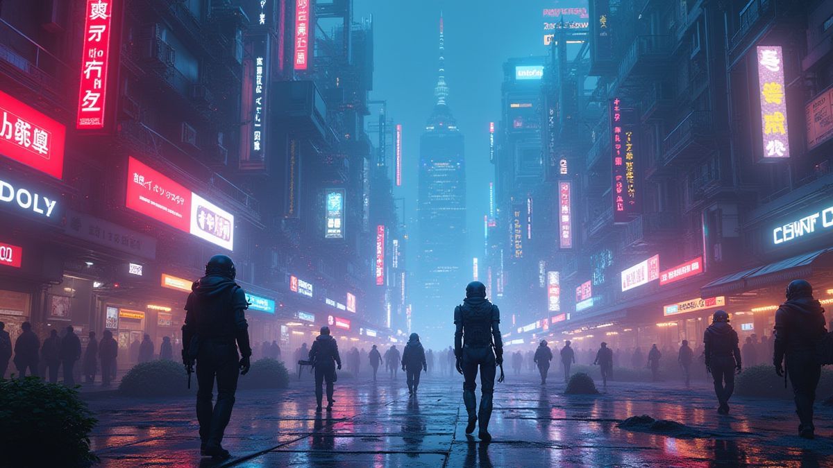 Una ciudad futurista iluminada con luces de neón y robots caminando