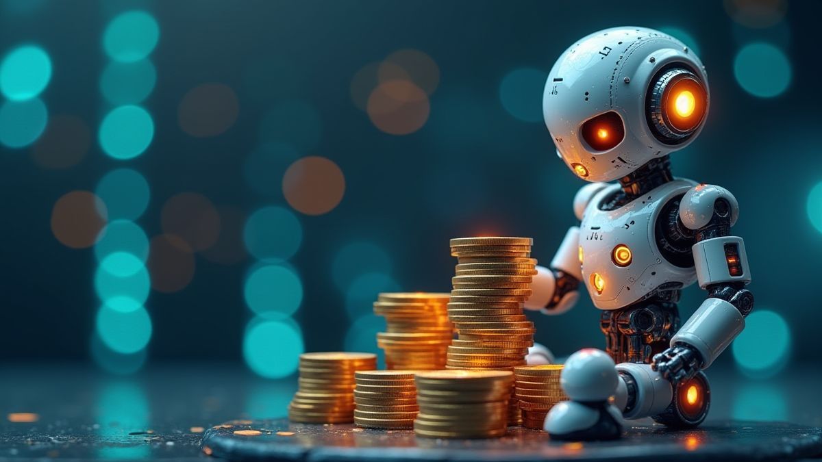 Un robot iluminado sosteniendo una pila de monedas en un entorno futurista
