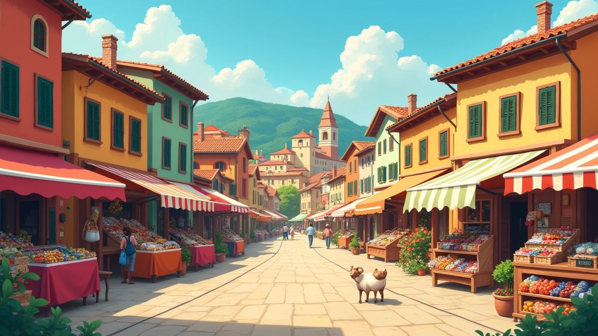 Un pueblo italiano colorido con puestos de mercado y animales de granja.