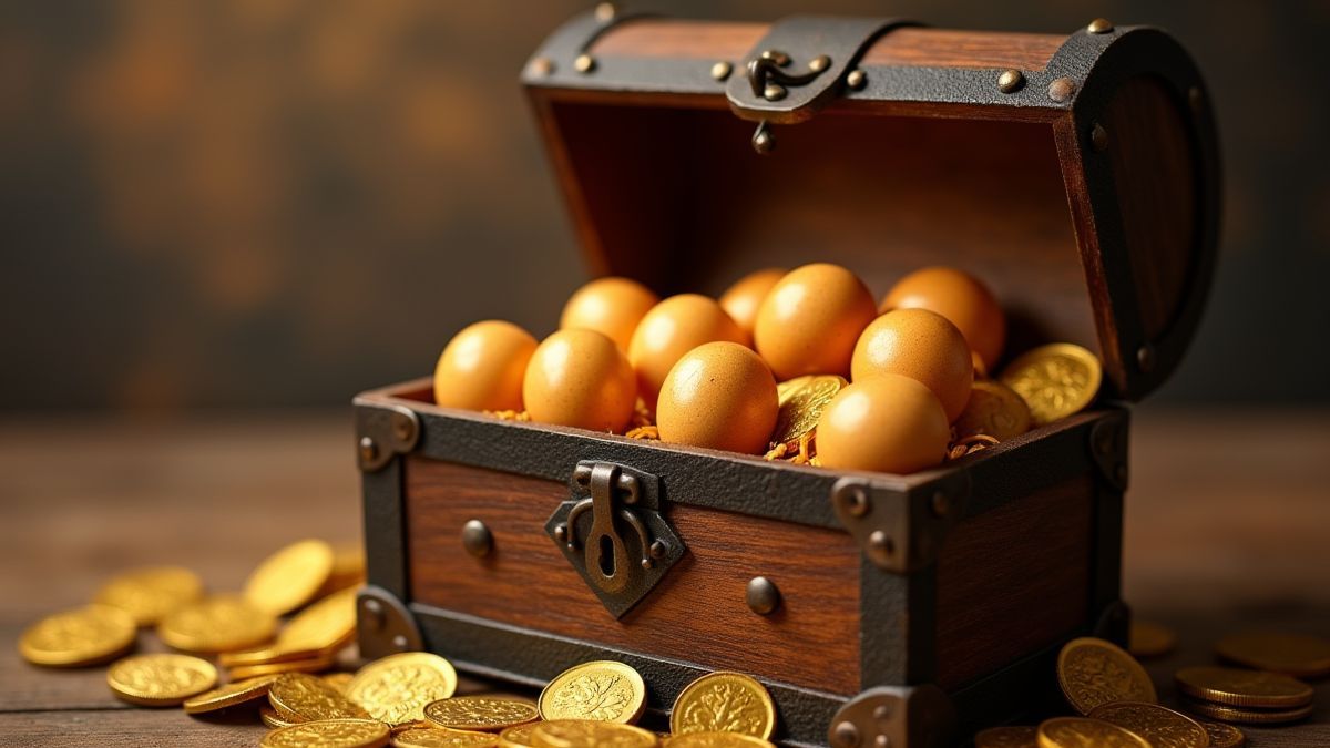 Un cofre del tesoro lleno de monedas de oro y huevos dorados.