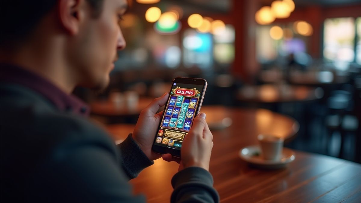 Una persona jugando a un juego de slot en su smartphone en un café.