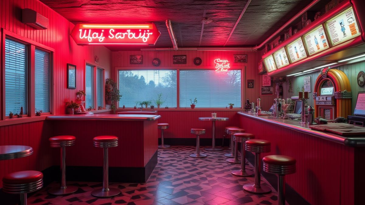 Scene of a retro diner with neon lights and a jukebox.