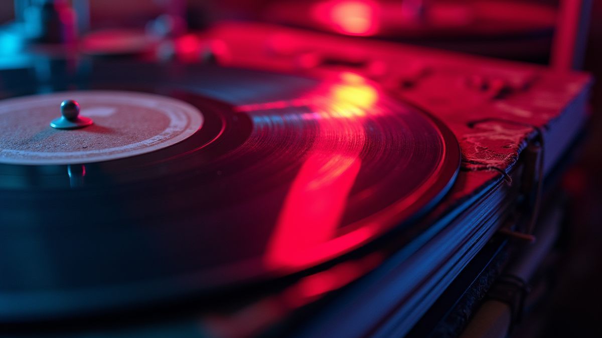 A stack of shiny vinyl records under neon lights.