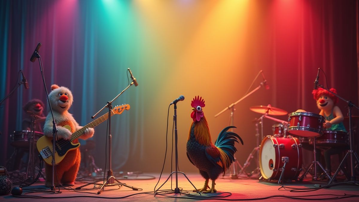 A colorful stage with musical instruments and a rooster microphone.