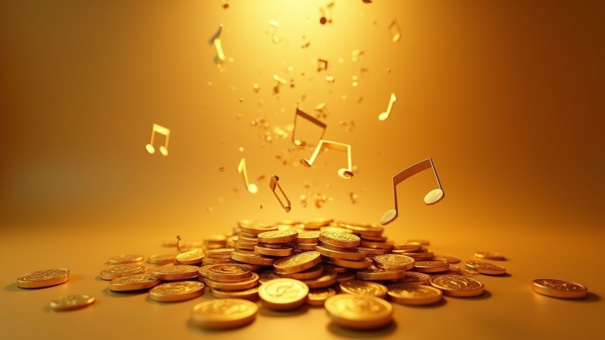 A collection of golden coins and musical notes floating around.