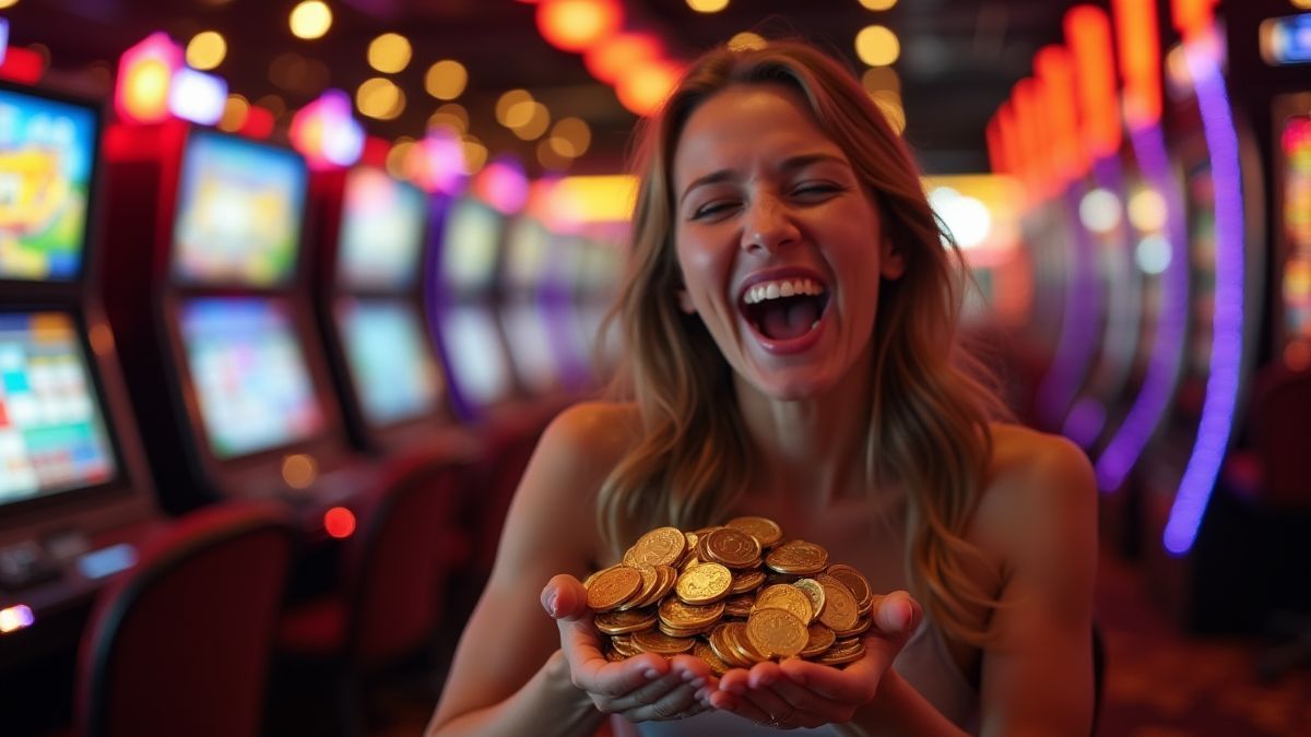A player in a casino winning coins while celebrating.