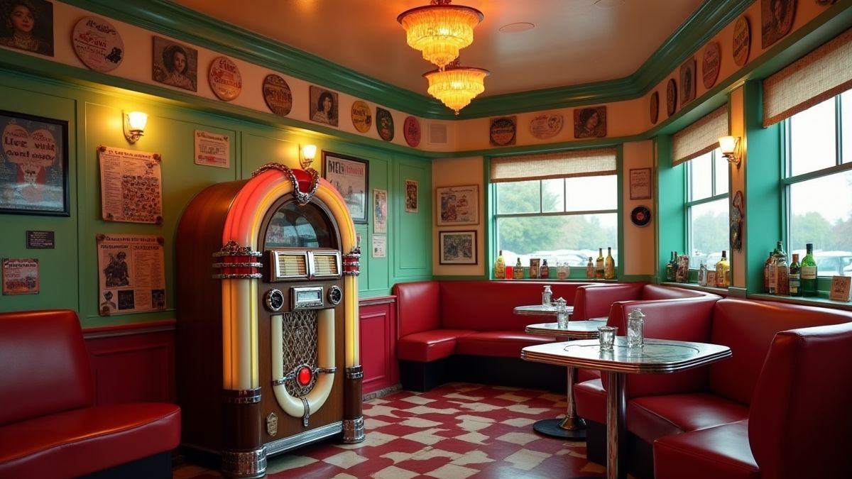 Un diner retro con un jukebox y discos de vinilo.