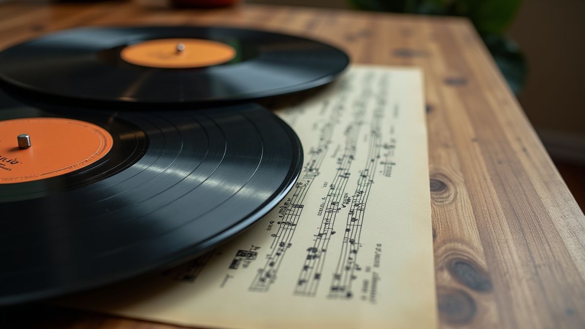 Discos de vinilo y notas musicales sobre una mesa de madera.