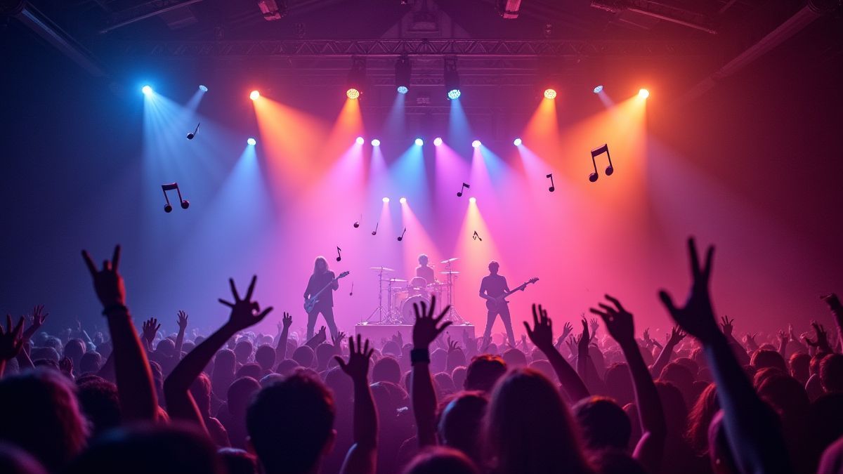Escenario de concierto vibrante con notas musicales flotando