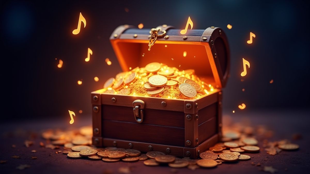 Coffre au trésor rempli de pièces et de notes musicales