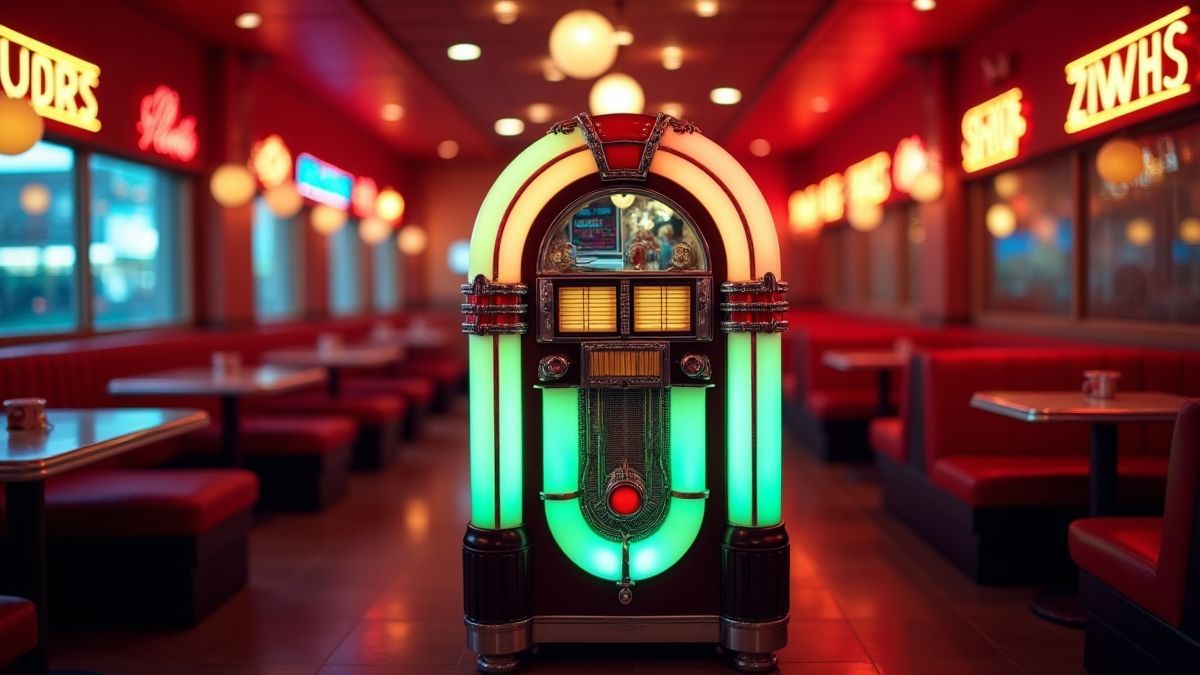 Uma jukebox rodeada de luzes de néon em um diner dos anos 50.