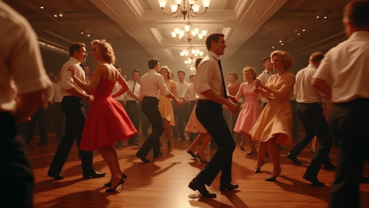 Pessoas dançando rock and roll em um salão dos anos 50.