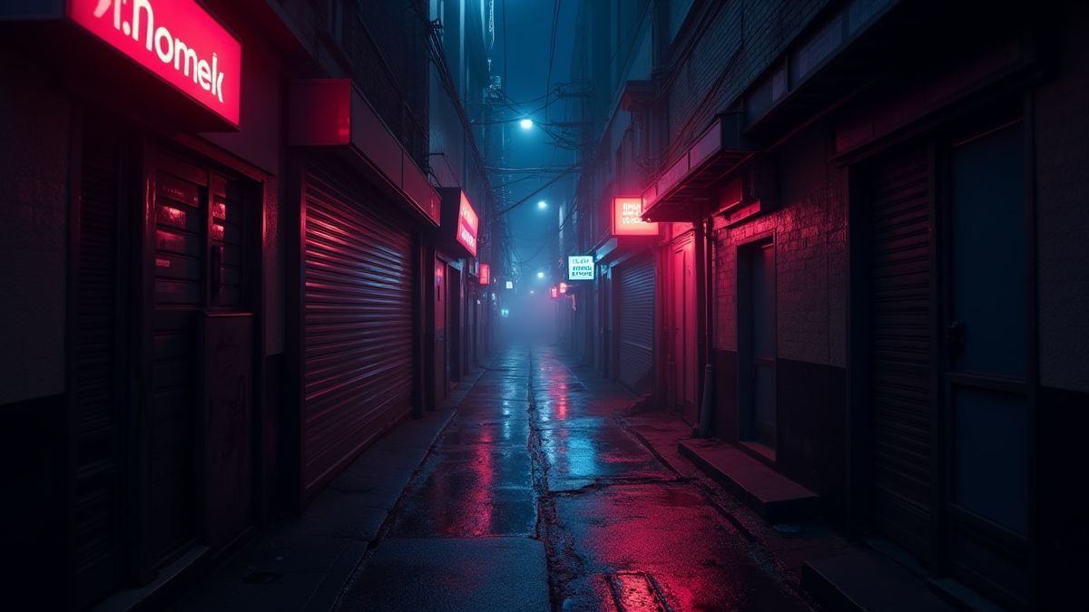 Un callejón oscuro con luces de neón brillando débilmente.