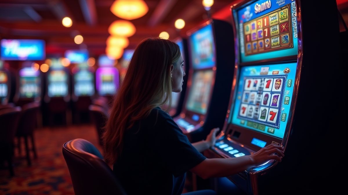 Un joueur assis devant une machine à sous dans un casino sombre.