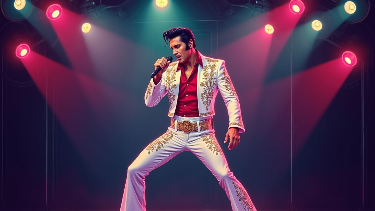 Elvis Presley performing on a stage with colorful lights.