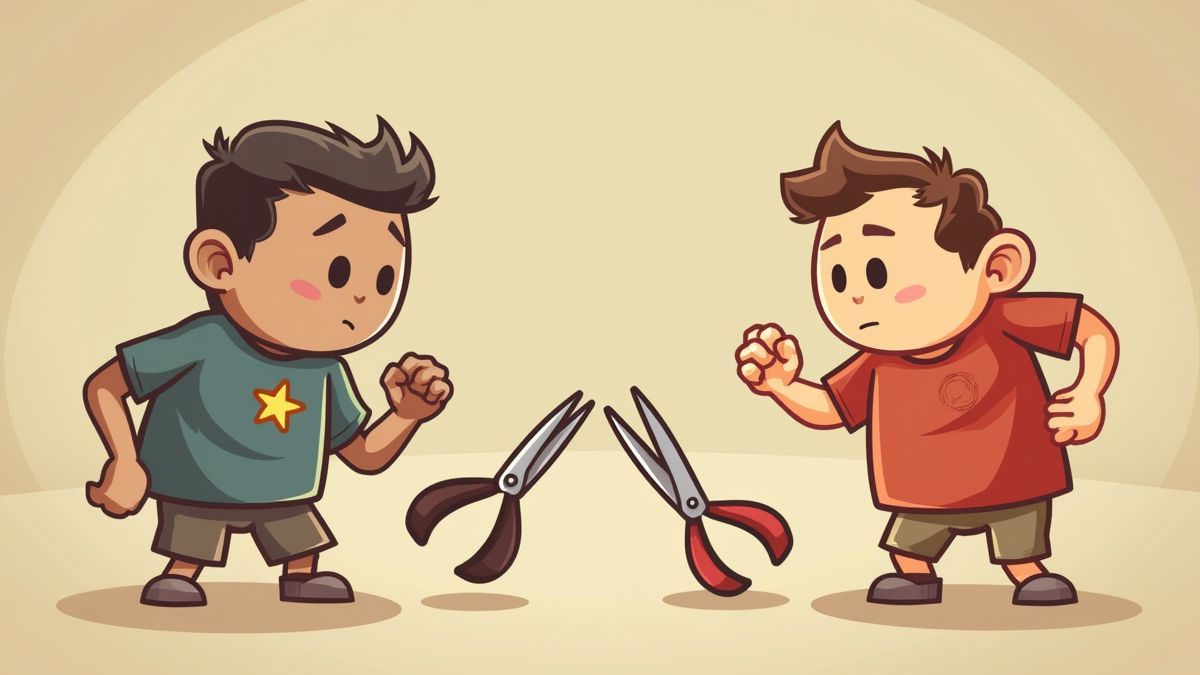 Personajes animados de piedra, papel y tijera compitiendo en un escenario divertido.