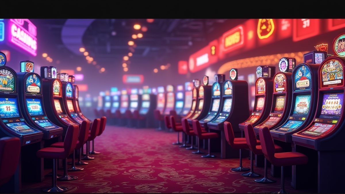Un casino animado lleno de luces brillantes y elementos vibrantes.