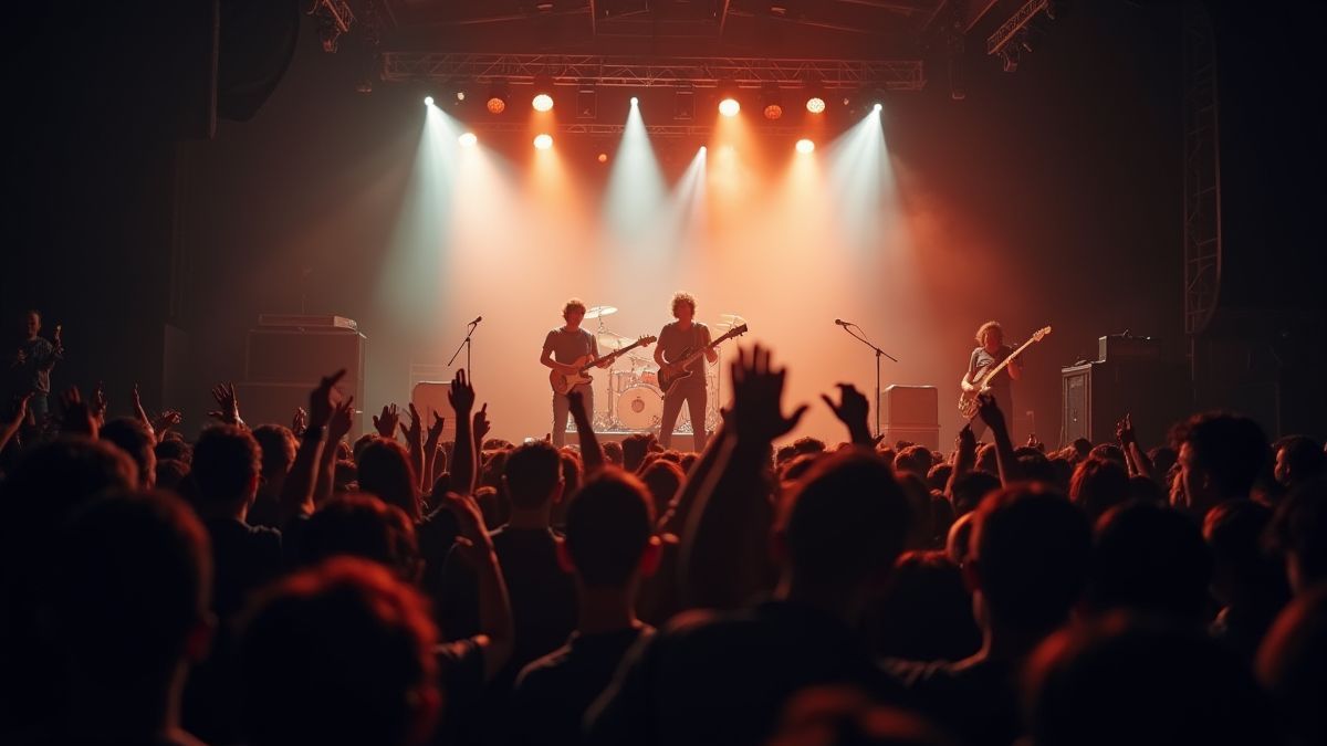 Rock band performing on a stage with bright spotlights.
