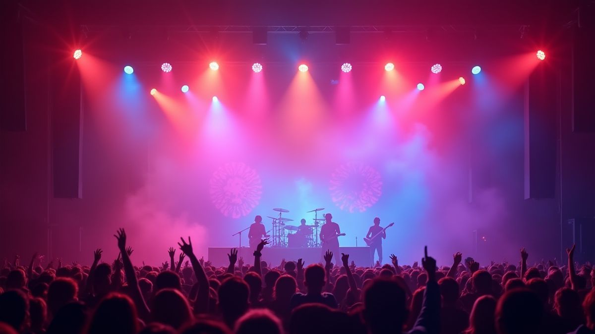 Rock concert stage with colorful lights and smoke effects.