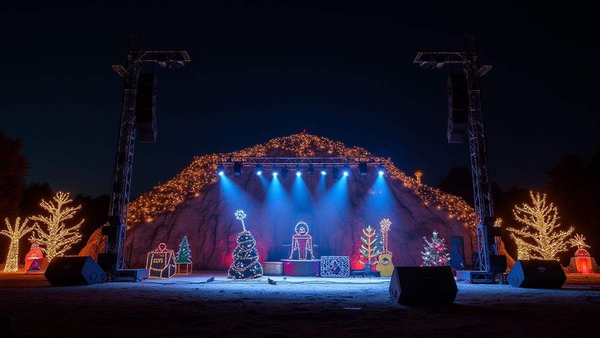 Rockpodium versierd met kerstverlichting.
